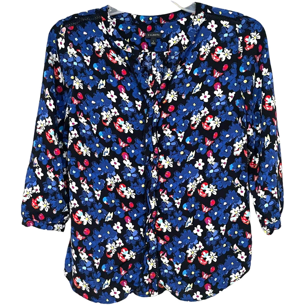 Talbots 3/4 Sleeve Blue Floral Blouse with Crochet trim Women's size Large